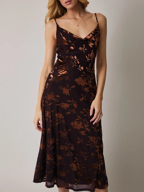 Brown Velvet Cowl Neck Midi Dress