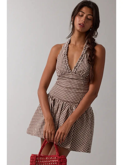  Gingham Halter Tie Dress