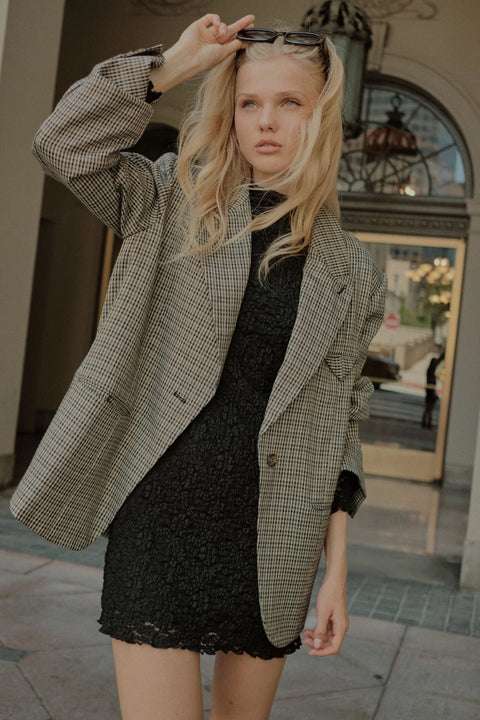  Houndstooth Plaid Tweed Blazer