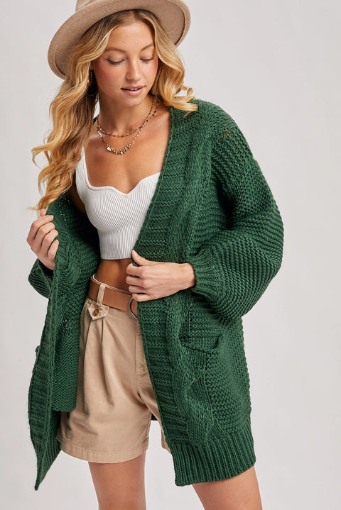  Chunky Cable Lantern Sleeve Cardigan