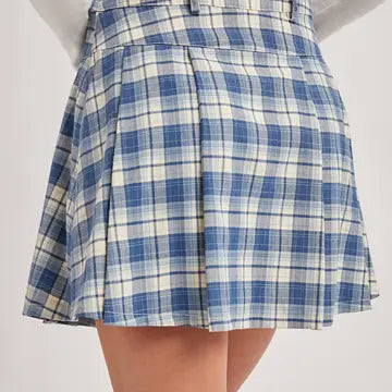  Pleated Plaid Skort With Side Buttons