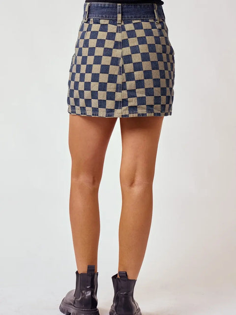  Plaid Pattern Denim Mini Skirt