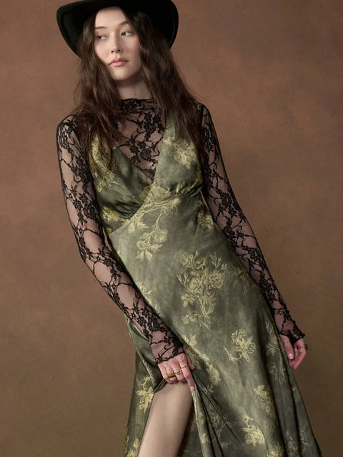  Green Floral Satin Dress