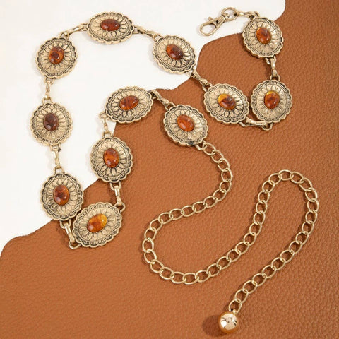  Oval Amber Stud Concho Western Chain Belt