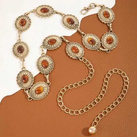  Oval Amber Stud Concho Western Chain Belt