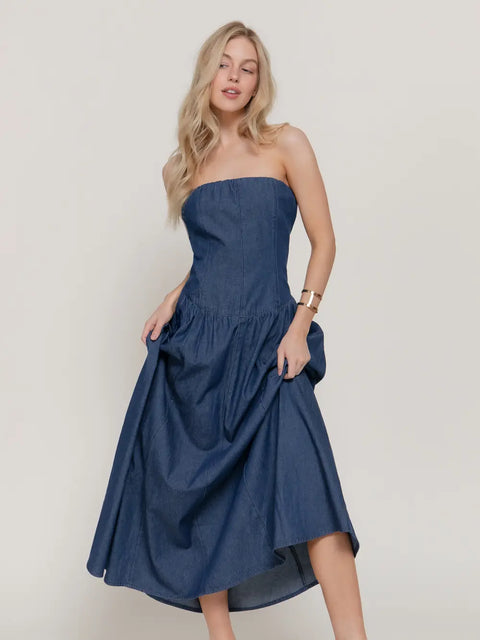  Denim Tube Midi Dress