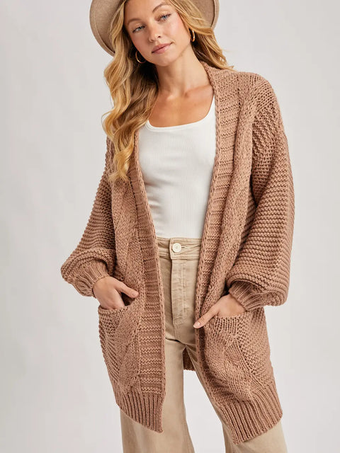  Chunky Cable Lantern Sleeve Cardigan