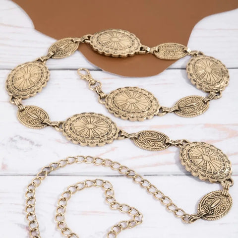  Ornate Oval Western Concho Disc Chain Belt