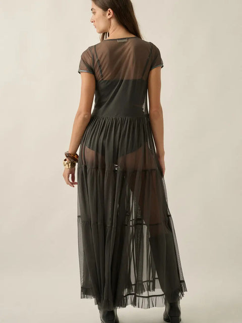  Mesh Ruffle Maxi Top