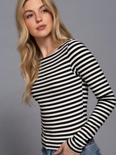  Long Sleeve Boat Neck Striped Shirt
