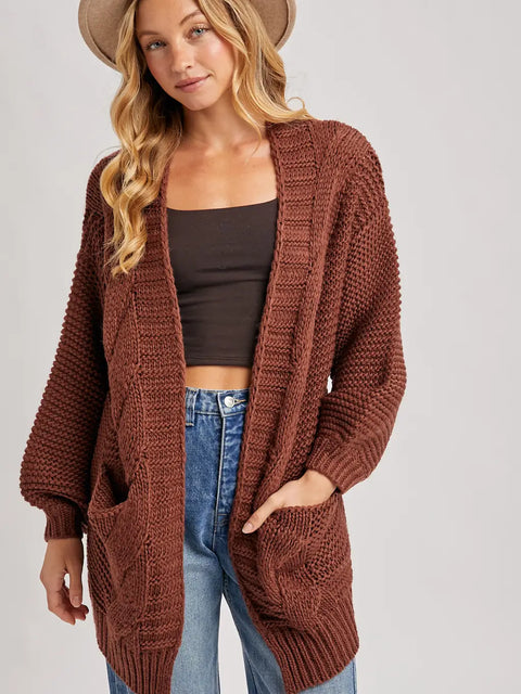  Chunky Cable Lantern Sleeve Cardigan