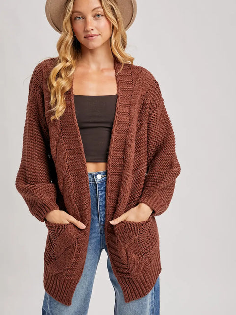  Chunky Cable Lantern Sleeve Cardigan