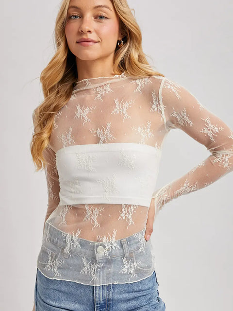  Floral Embroidery Lace Mesh Layering Top