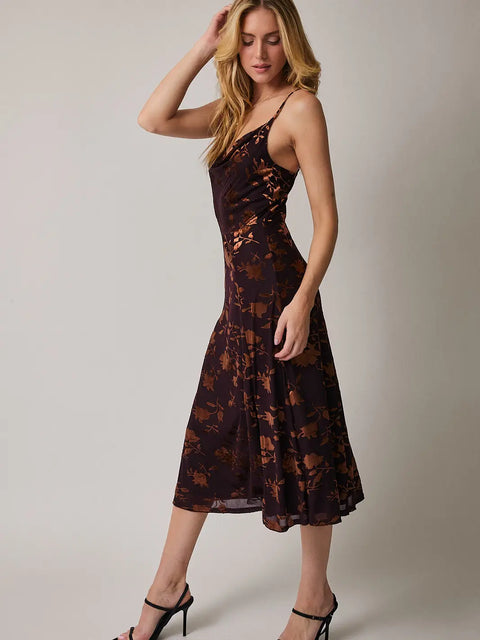 Brown Velvet Cowl Neck Midi Dress