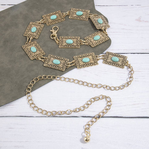  Square Turquoise Concho Chain Statement Belt