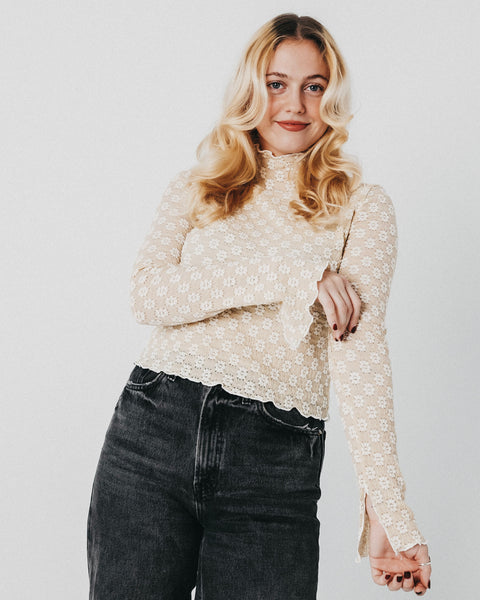  Floral Lace Cropped Mock Neck Top