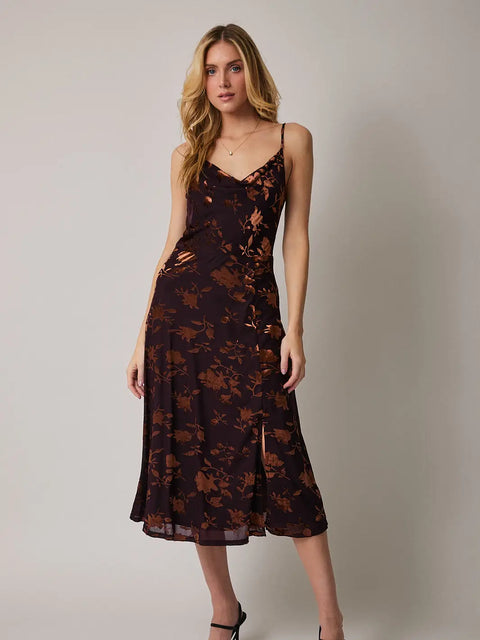  Brown Velvet Cowl Neck Midi Dress