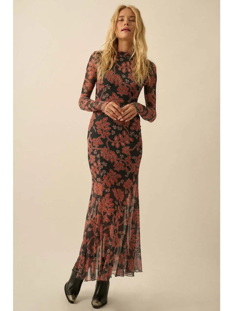  Floral Mesh Neck Thumbhole Maxi Dress