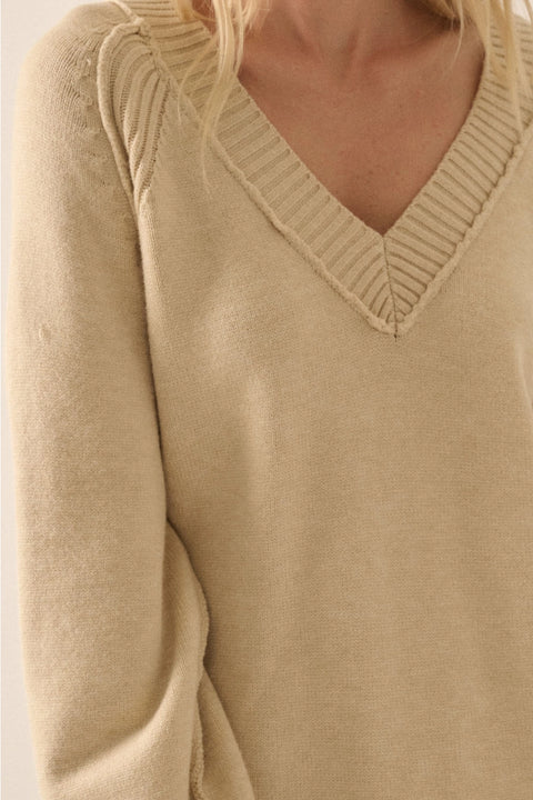  Cream Oversized V Neck Sweater