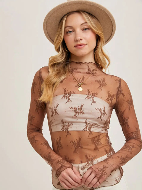  Floral Embroidery Lace Mesh Layering Top