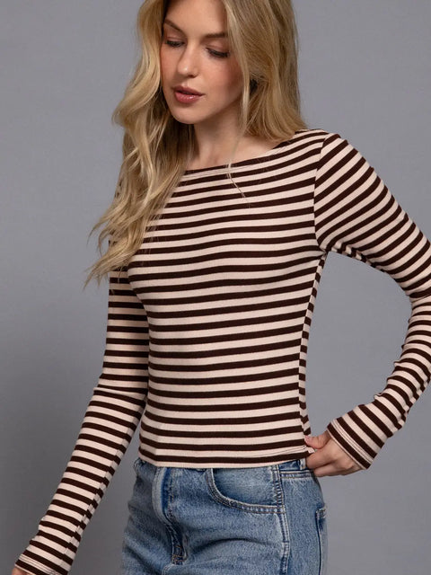  Long Sleeve Boat Neck Striped Shirt
